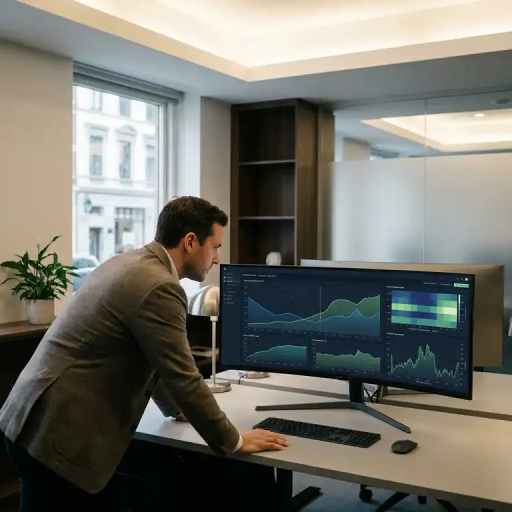 Business professional analyzing cloud cost optimization dashboard with dynamic pricing curves on an ultrawide monitor in a modern office.