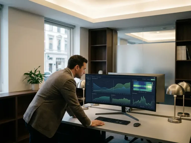 Business professional analyzing cloud cost optimization dashboard with dynamic pricing curves on an ultrawide monitor in a modern office.