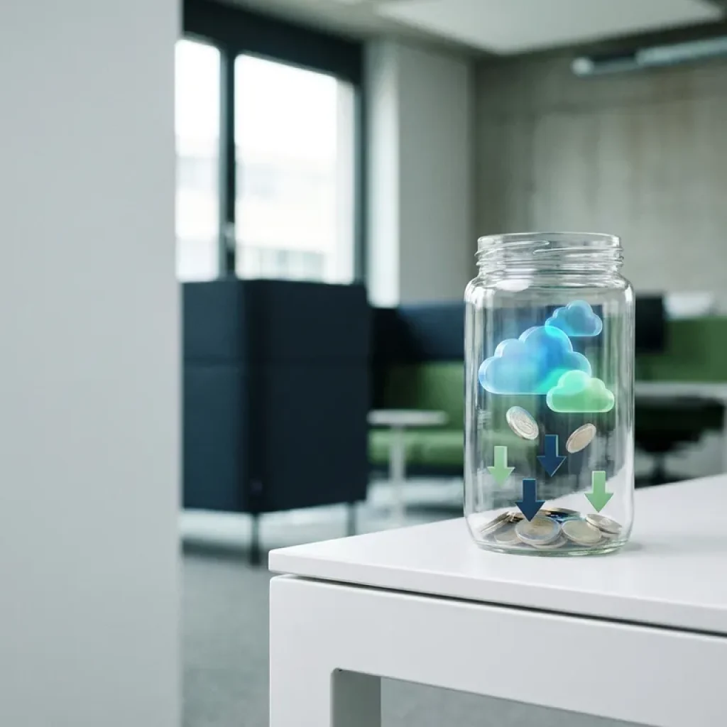 Ein Glasgefäß mit leuchtenden Wolkenformen und Münzen mit nach unten zeigenden Pfeilen, die eine Kostensenkung symbolisieren, auf einem weißen Schreibtisch im Büro.