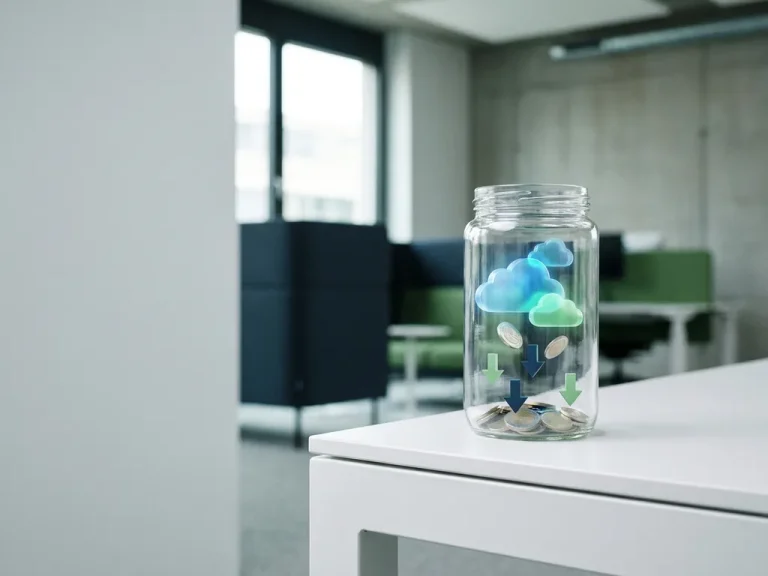 Glass jar containing glowing cloud shapes and coins with downward arrows, symbolizing cloud cost reduction, on a white corporate desk.