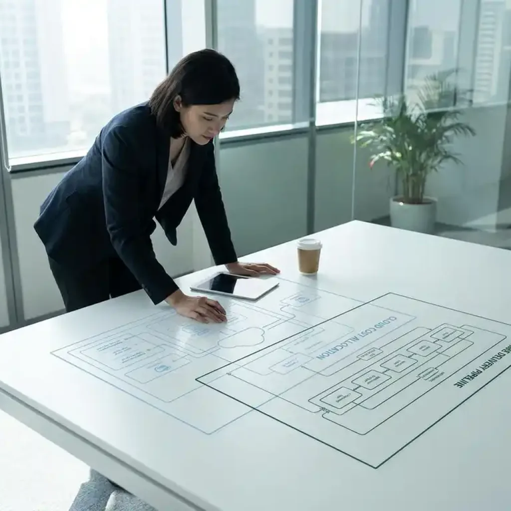 Een zakelijke professional die in een kantoor met glazen wanden op een wit bureau diagrammen bestudeert waarin de toewijzing van overlappende cloudkosten en de pijplijn voor softwarelevering worden weergegeven.
