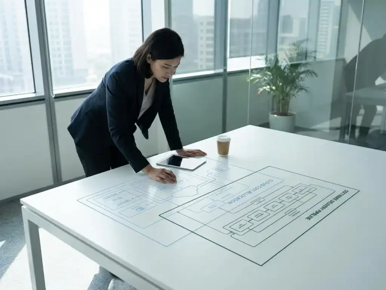 Business professional reviewing overlapping cloud cost allocation and software delivery pipeline diagrams on a white desk in a glass-walled office.