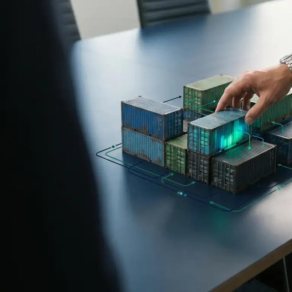 Miteinander verbundene, in Blaugrün und Grün leuchtende Versandcontainer, die als Modell einer Cloud-Infrastruktur angeordnet sind; eine Hand, die einen davon auf einem dunkelblauen Tisch ausrichtet.