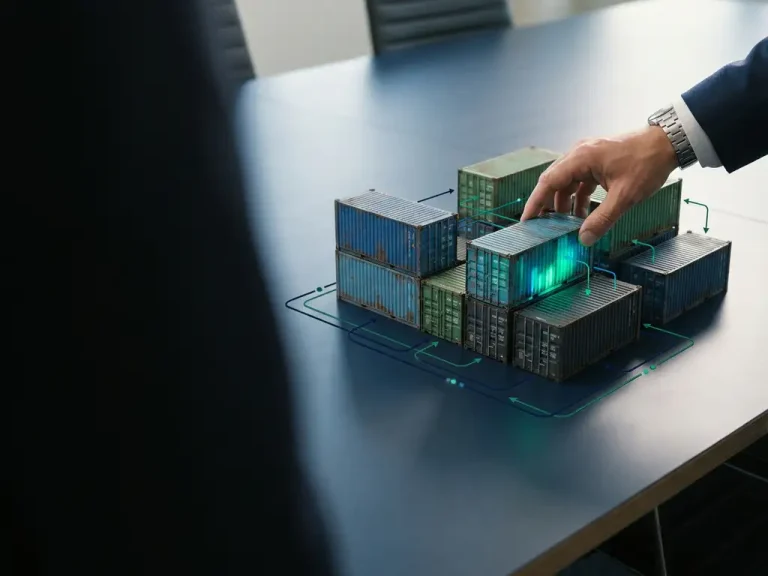 Miteinander verbundene, in Blaugrün und Grün leuchtende Versandcontainer, die als Modell einer Cloud-Infrastruktur angeordnet sind; eine Hand, die einen davon auf einem dunkelblauen Tisch ausrichtet.