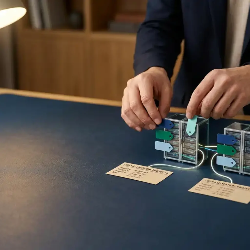 Business professional organizing glowing server rack miniatures with color-coded tags on a dark-blue desk, linking cloud assets to cost allocation cards.