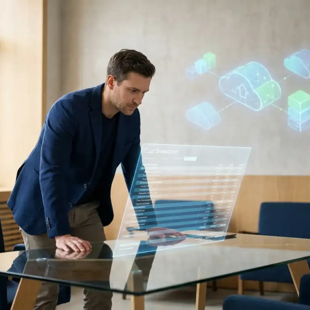 Business professional analyzing a transparent cost breakdown chart at a glass desk with cloud infrastructure diagrams in the background.