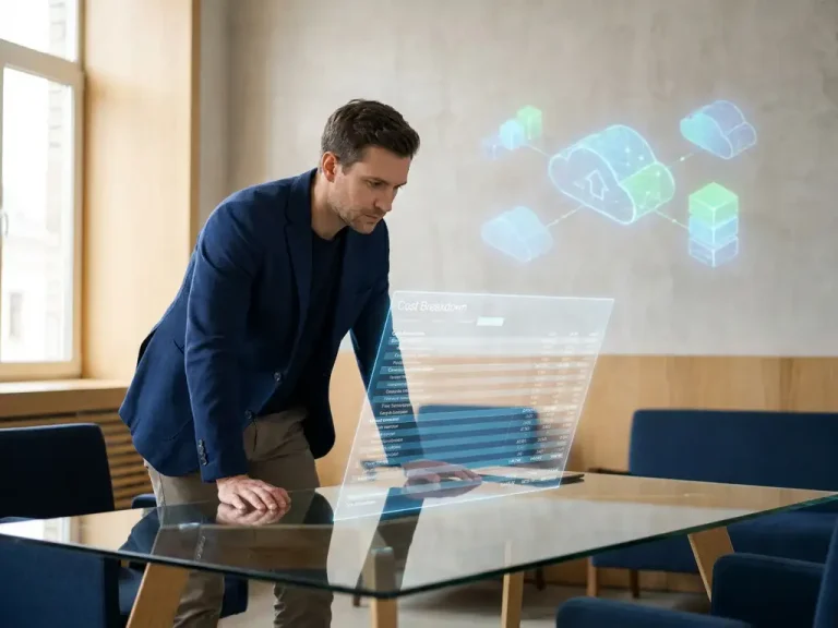 Business professional analyzing a transparent cost breakdown chart at a glass desk with cloud infrastructure diagrams in the background.