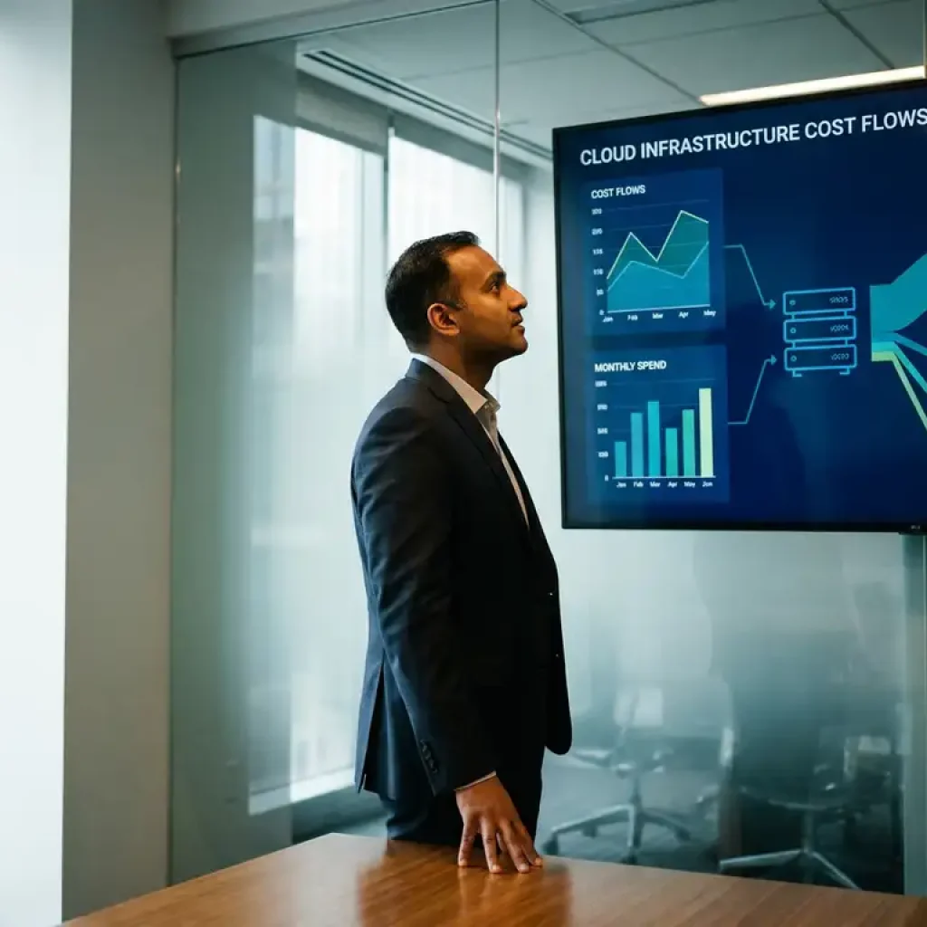 Business professional analyzing a cloud infrastructure cost flow dashboard in a modern glass-walled office with dark blue and teal tones.