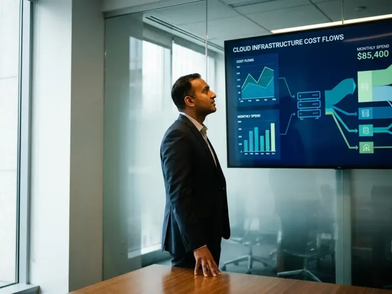 Business professional analyzing a cloud infrastructure cost flow dashboard in a modern glass-walled office with dark blue and teal tones.