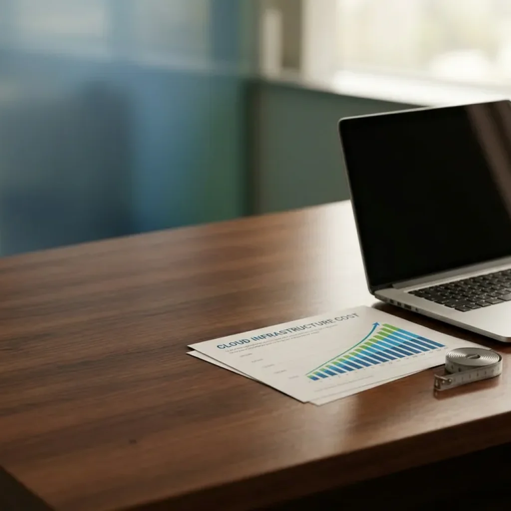 Corporate desk with cloud infrastructure cost report showing upward bar charts, open laptop, and coiled measuring tape in blue and green tones.