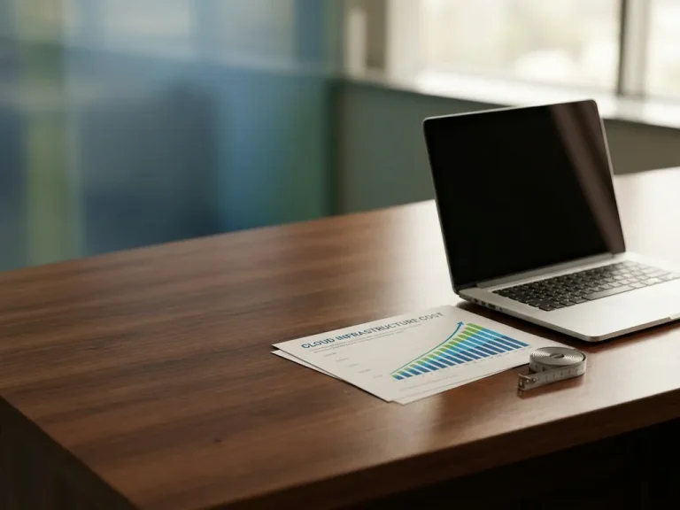 Schreibtisch in einem Unternehmensbüro mit einem Kostenbericht zur Cloud-Infrastruktur, der nach oben verlaufende Balkendiagramme zeigt, einem geöffneten Laptop und einem aufgerollten Maßband in Blau- und Grüntönen.