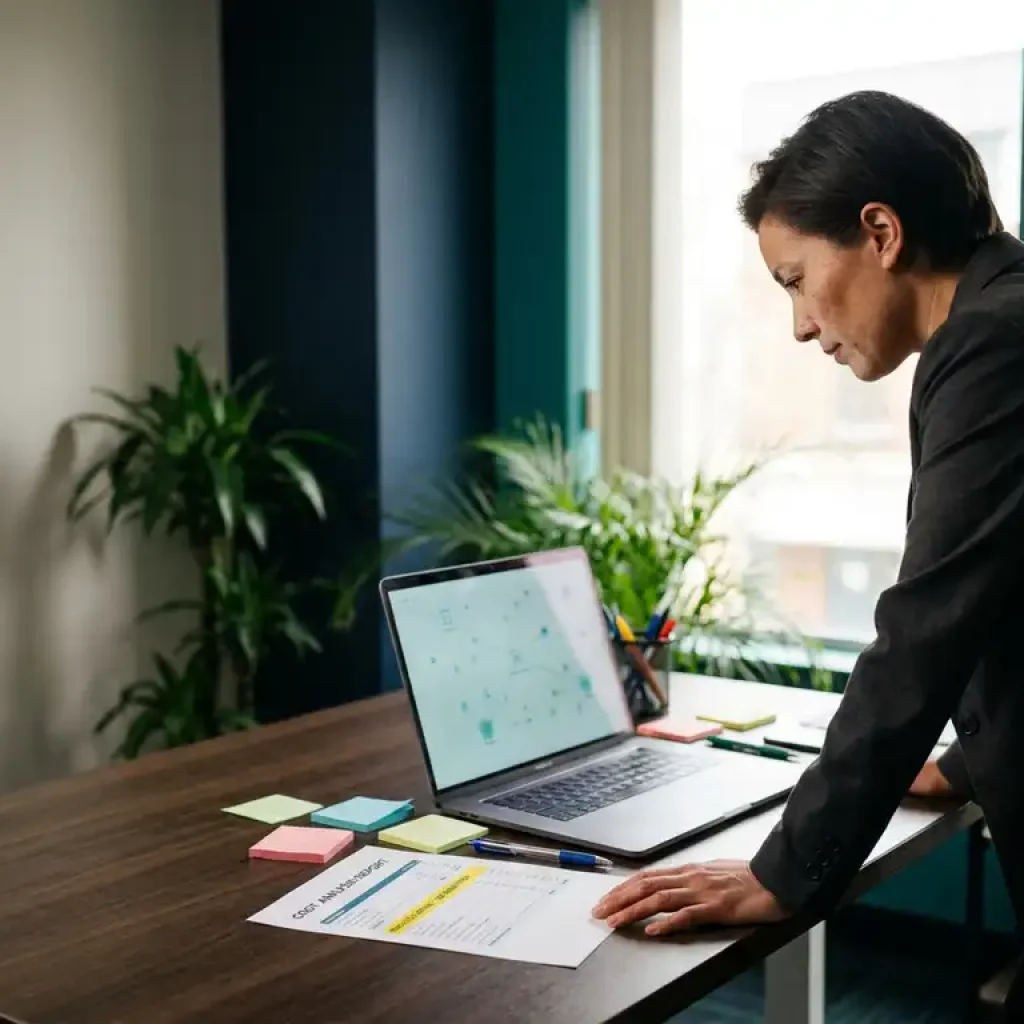 Business professional reviewing cloud infrastructure diagrams on a laptop beside a highlighted cost report in a modern office.