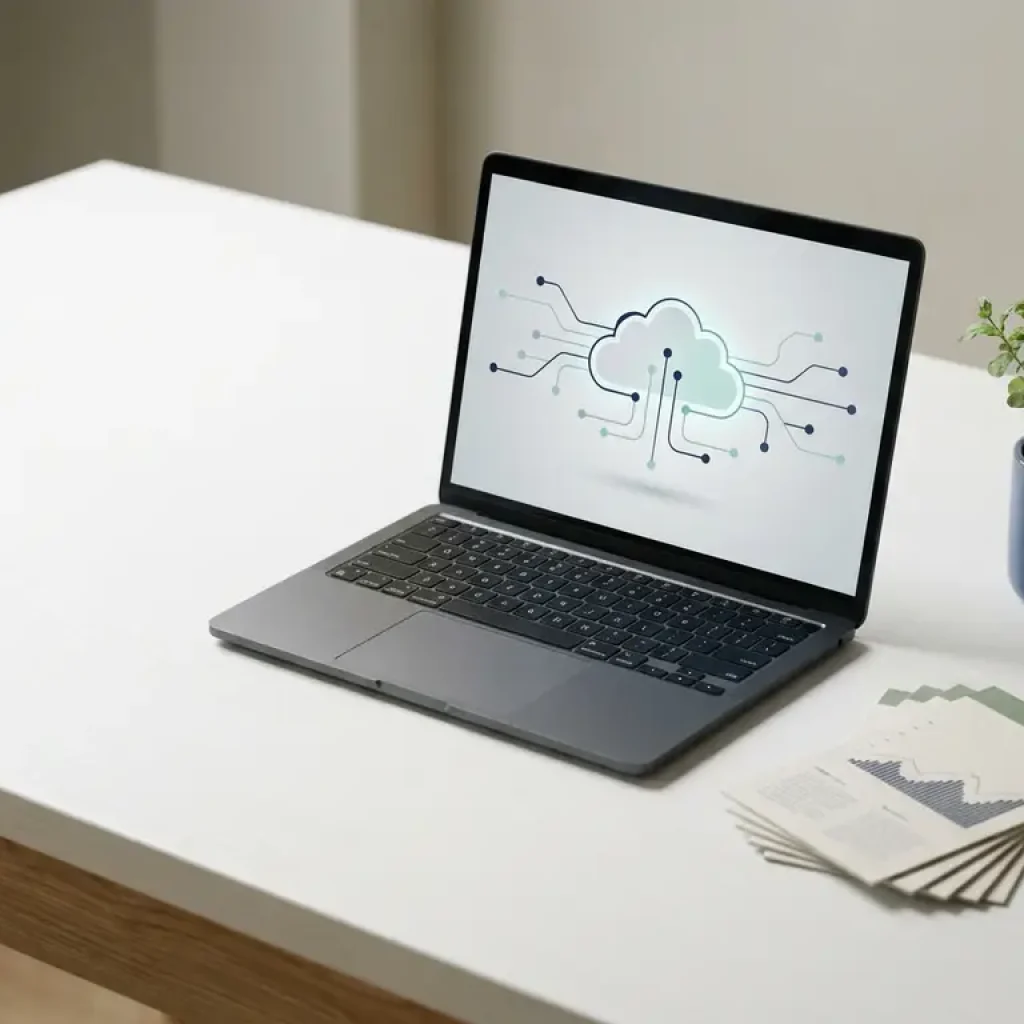Een laptop op een wit bureau waarop een dashboard van een cloudinfrastructuur in blauwgroen en marineblauw te zien is, naast uitgespreide financiële rapporten en een potplant.