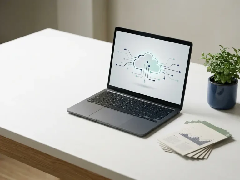 Laptop on a white desk displaying a teal and navy cloud infrastructure dashboard, beside fanned financial report cards and a potted plant.