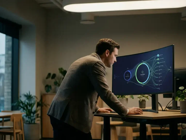 Ein Geschäftsmann, der auf einem großen Monitor in einem modernen Arbeitsbereich in dunkelblauen und grünen Farbtönen Kennzahlen zum Kostenfluss der Cloud-Infrastruktur analysiert.