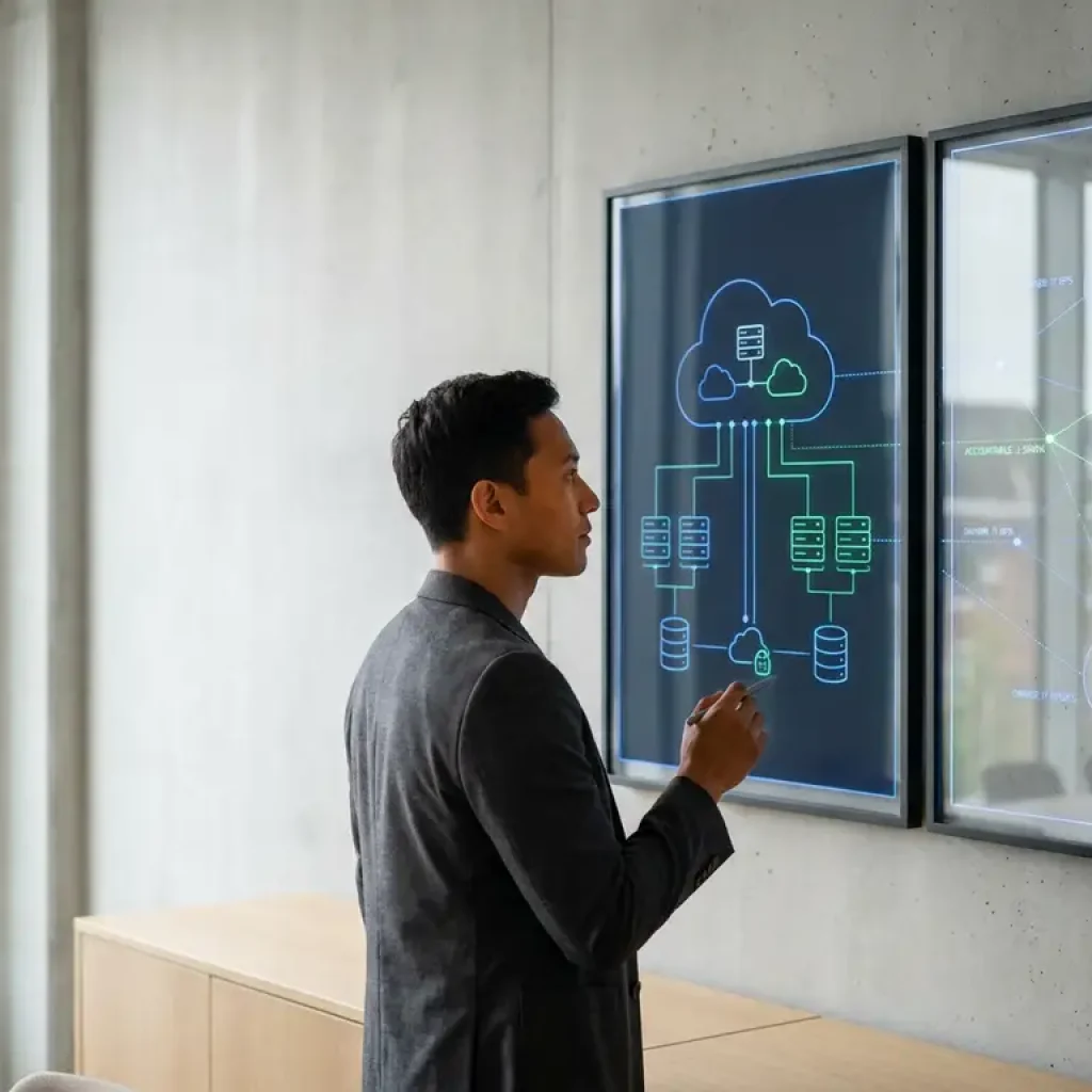 Een zakelijke professional die in een modern kantoor twee glazen panelen bekijkt waarop diagrammen van een cloudinfrastructuur staan afgebeeld, voorzien van labels met informatie over eigendom en verantwoordelijkheid.