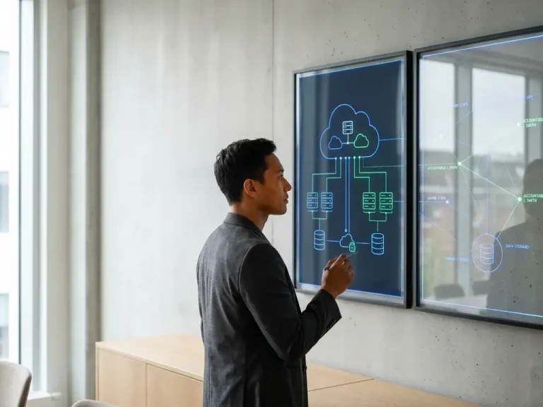 Een zakelijke professional die in een modern kantoor twee glazen panelen bekijkt waarop diagrammen van een cloudinfrastructuur staan afgebeeld, voorzien van labels met informatie over eigendom en verantwoordelijkheid.