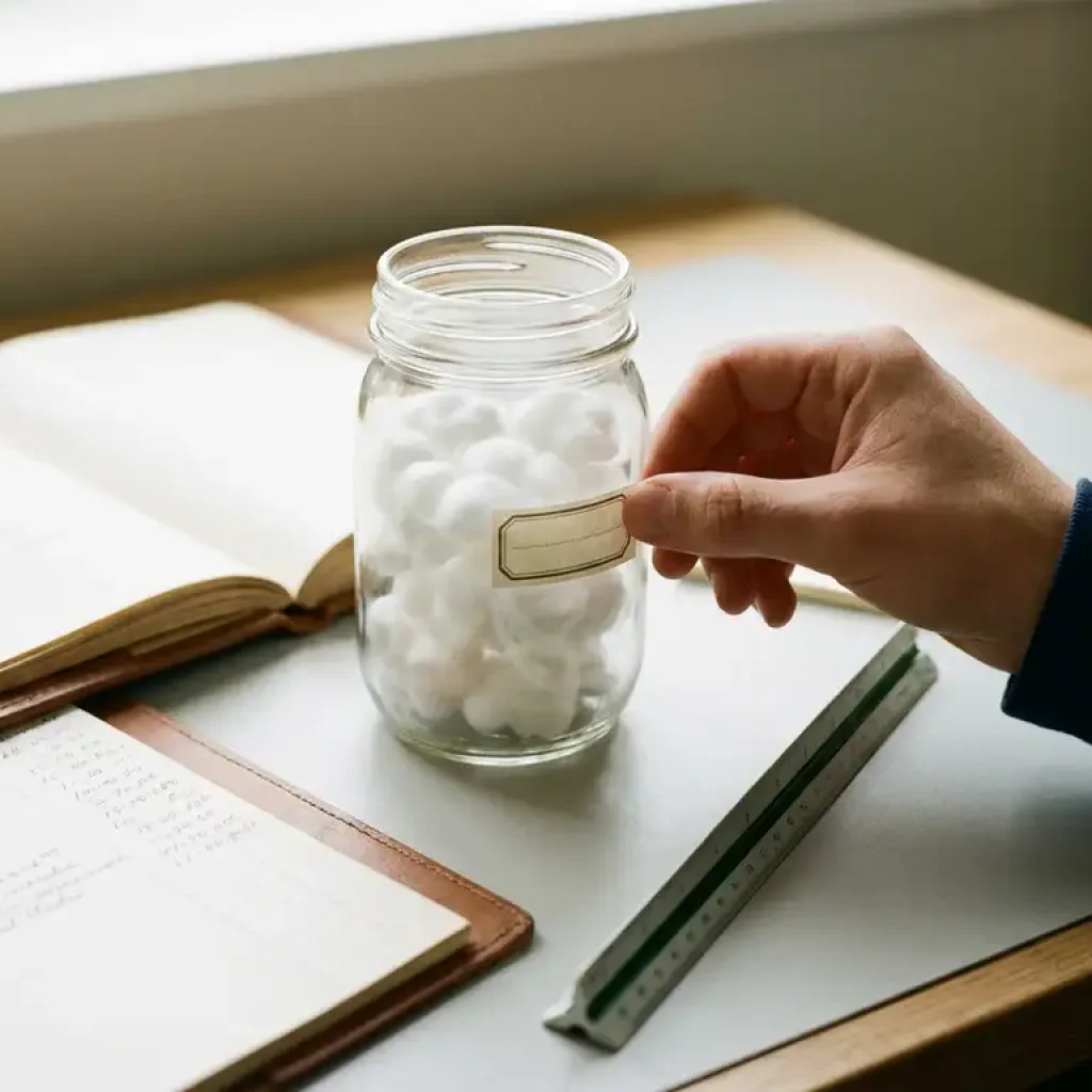 Hand labeling a glass jar filled with miniature cloud shapes on a modern desk beside an open ledger and architectural ruler.