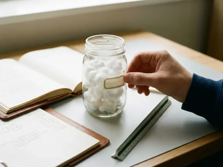 Hand labeling a glass jar filled with miniature cloud shapes on a modern desk beside an open ledger and architectural ruler.