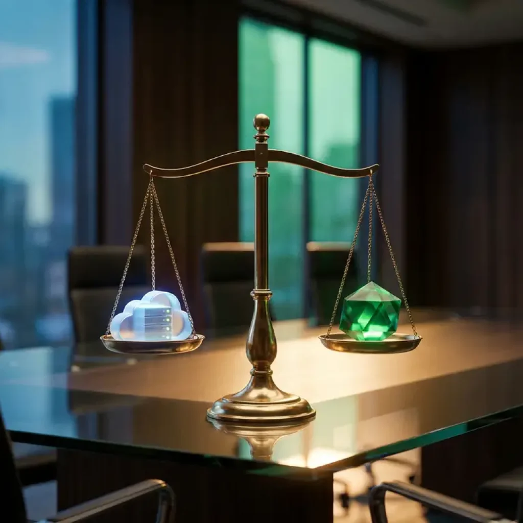 Een weegschaal van messing waarop een model van een cloudserver tegenover een kristal op een glazen vergadertafel is geplaatst, als symbool voor het meten van het rendement op investeringen in de cloud.