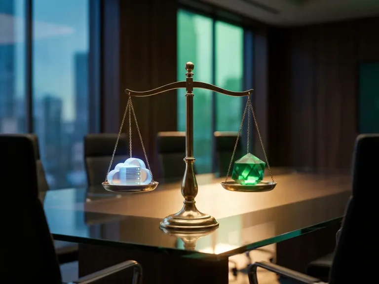 Een weegschaal van messing waarop een model van een cloudserver tegenover een kristal op een glazen vergadertafel is geplaatst, als symbool voor het meten van het rendement op investeringen in de cloud.