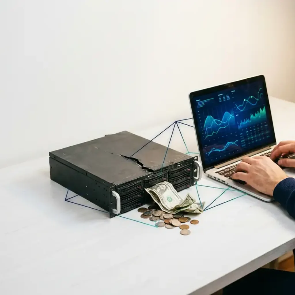 Der Cloud-Server barst auf, und Münzen und Dollarscheine ergossen sich auf einen weißen Schreibtisch neben einem Laptop, auf dessen Bildschirm Daten zur Kostenkurve angezeigt wurden.