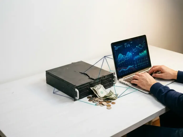 Der Cloud-Server barst auf, und Münzen und Dollarscheine ergossen sich auf einen weißen Schreibtisch neben einem Laptop, auf dessen Bildschirm Daten zur Kostenkurve angezeigt wurden.