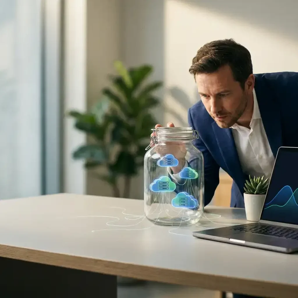Ein Geschäftsmann betrachtet auf einem modernen Schreibtisch ein Glasgefäß mit Miniatur-Cloud-Servern, daneben steht ein aufgeklappter Laptop, auf dessen Bildschirm Diagrammkurven zu sehen sind.
