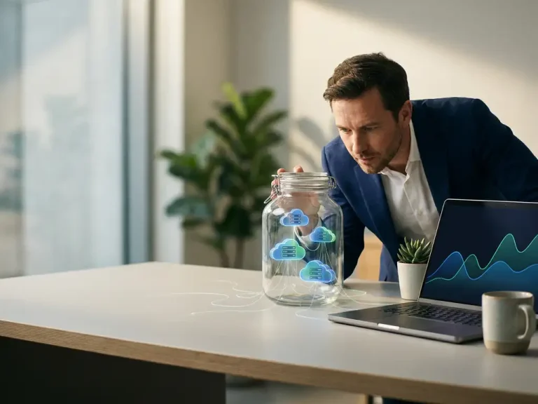 Business professional examining a glass jar of miniature cloud servers on a modern desk, with an open laptop displaying chart curves nearby.