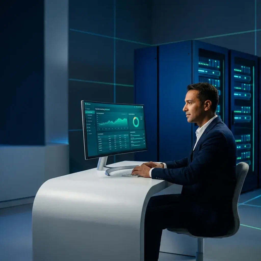 Een analist bekijkt een live dashboard voor het monitoren van cloudkosten op een ultrabrede monitor in een donkerblauwe serverruimte met blauwgroene accentverlichting.