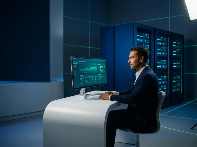 Analyst reviewing live cloud cost-monitoring dashboard on ultrawide monitor in a dark-blue server room with teal accent lighting.