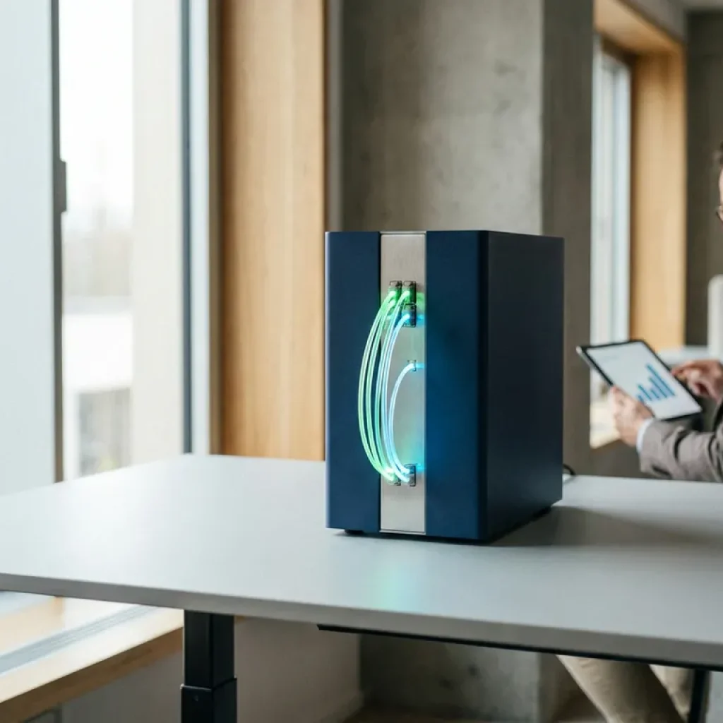 Minimalistisch cloudserverrek met kostenstroomindicatoren op een lichtgrijs oppervlak, terwijl een professional in de buurt een overzichtelijke kostenuitsplitsing bekijkt.