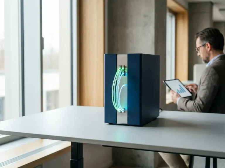 Minimalistisches Cloud-Server-Rack mit Kostenflussanzeigen auf hellgrauem Untergrund; daneben ein Fachmann, der eine übersichtliche Kostenaufschlüsselung prüft.
