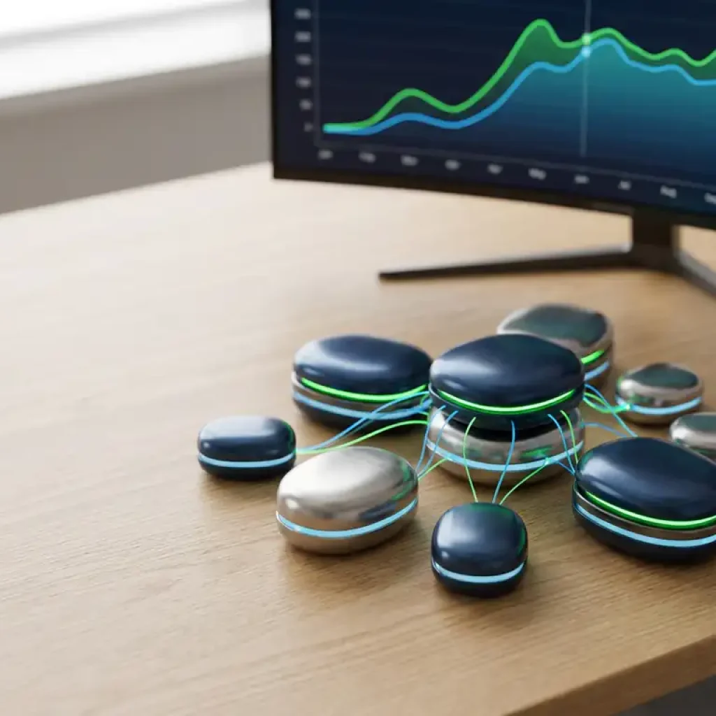 Cloudserverknooppunten met pulserende verbindingslijnen op een modern bureau, op de achtergrond een financiële grafiek die stijgt en weer afvlakt, in donkerblauwe en groene tinten.