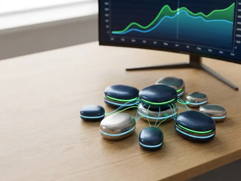 Cloud server nodes with pulsing connection lines on a modern desk, financial graph rising and leveling in background, dark blue and green tones.