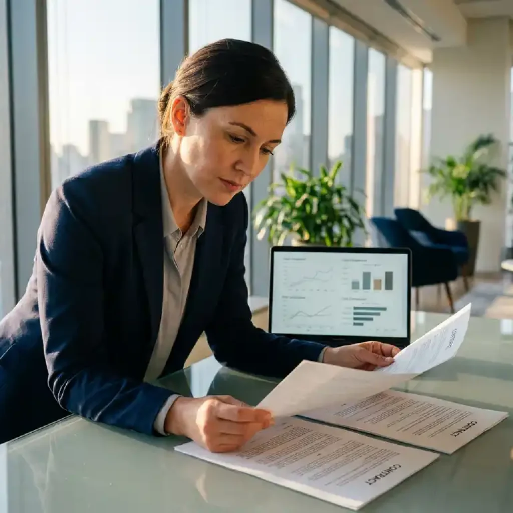 Business professional comparing two contract documents side by side at a glass desk, laptop showing cost curves in a modern office.