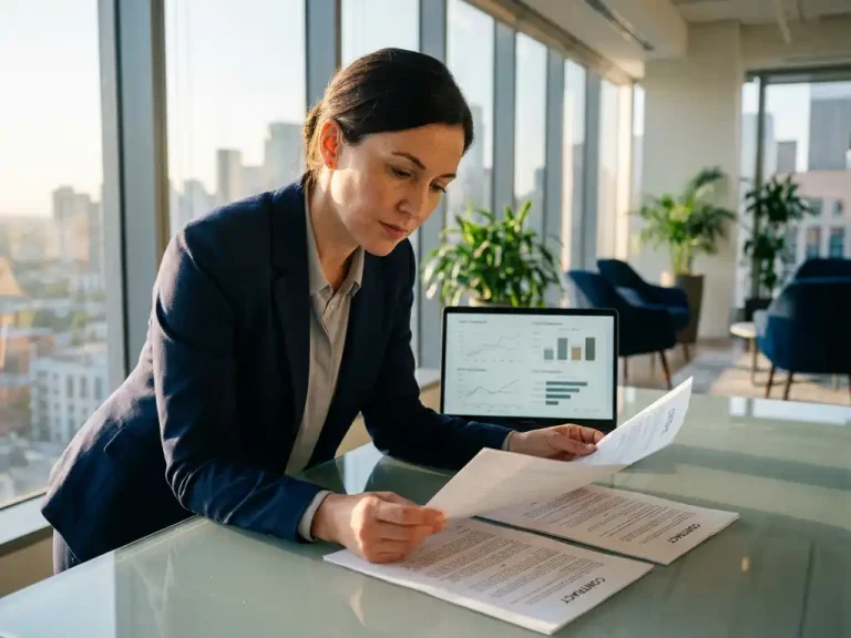 Business professional comparing two contract documents side by side at a glass desk, laptop showing cost curves in a modern office.