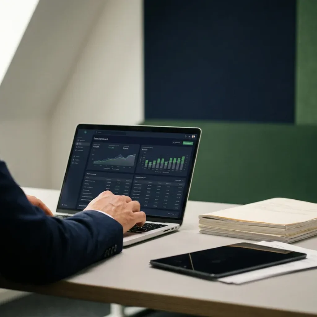 Ein Finanzfachmann, der auf einem Laptop ein Dashboard zur Kostenverrechnung analysiert, während daneben auf einem modernen Schreibtisch dicke Papierstapel und dünne digitale Dokumentenstapel nebeneinander liegen.