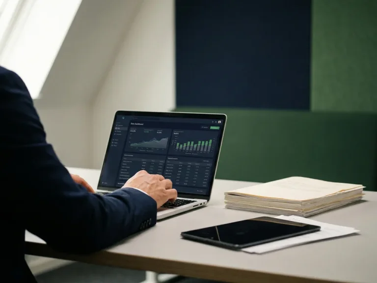Ein Finanzfachmann, der auf einem Laptop ein Dashboard zur Kostenverrechnung analysiert, während daneben auf einem modernen Schreibtisch dicke Papierstapel und dünne digitale Dokumentenstapel nebeneinander liegen.