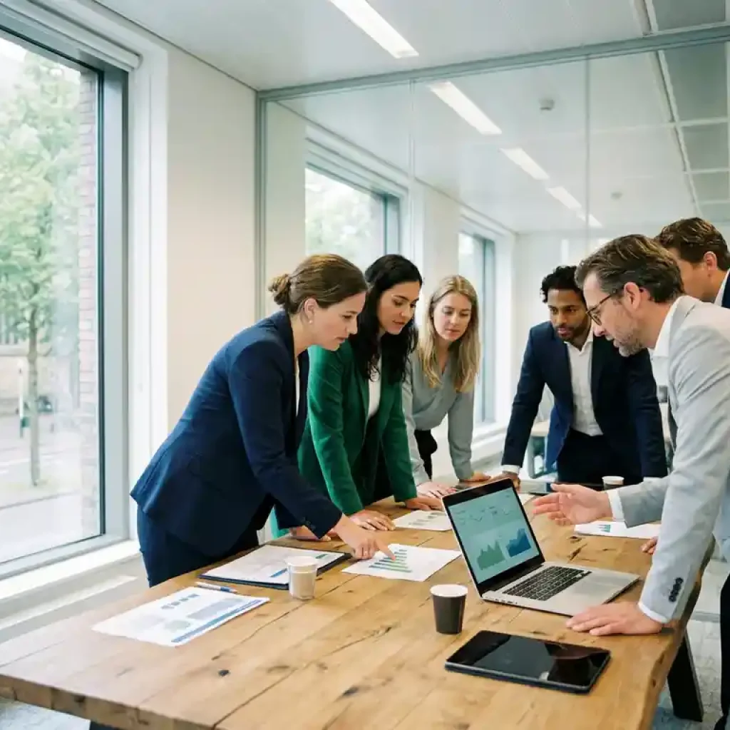 Een divers Europees team van medewerkers dat kostenverdelingsschema’s en laptopgegevens doorneemt in een modern kantoor met glazen wanden in Utrecht.