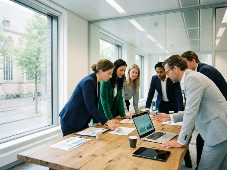 Een divers Europees team van medewerkers dat kostenverdelingsschema’s en laptopgegevens doorneemt in een modern kantoor met glazen wanden in Utrecht.