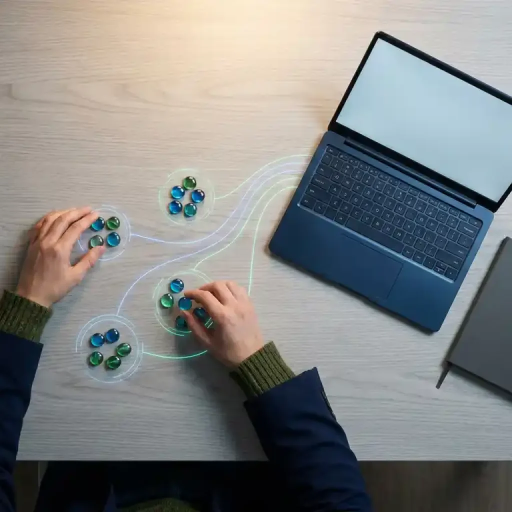 Hände, die leuchtende Kostenmarken auf einem Schreibtisch mit Zuordnungsdiagrammen, einem Laptop und einem Notizbuch in dunkelblauen und grünen Farbtönen verteilen.