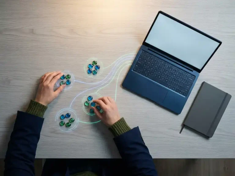 Hände, die leuchtende Kostenmarken auf einem Schreibtisch mit Zuordnungsdiagrammen, einem Laptop und einem Notizbuch in dunkelblauen und grünen Farbtönen verteilen.