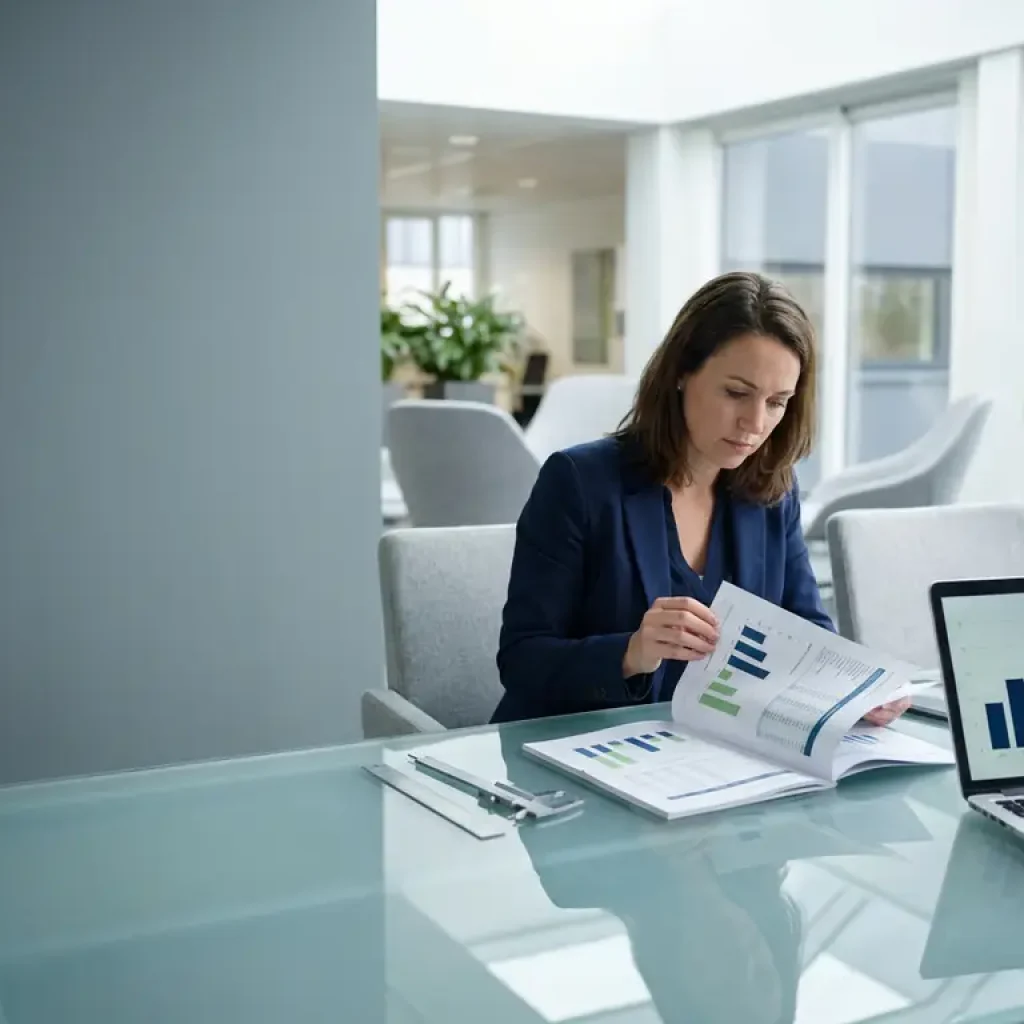 Een zakelijke professional die kostenvergelijkingsrapporten doorneemt aan een glazen bureau, met een laptop waarop staafdiagrammen te zien zijn en nauwkeurige meetinstrumenten in de buurt.