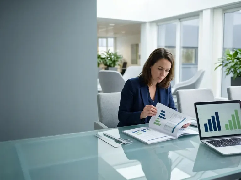 Business professional reviewing cost comparison reports on a glass desk with a laptop showing bar charts and precision measuring tools nearby.