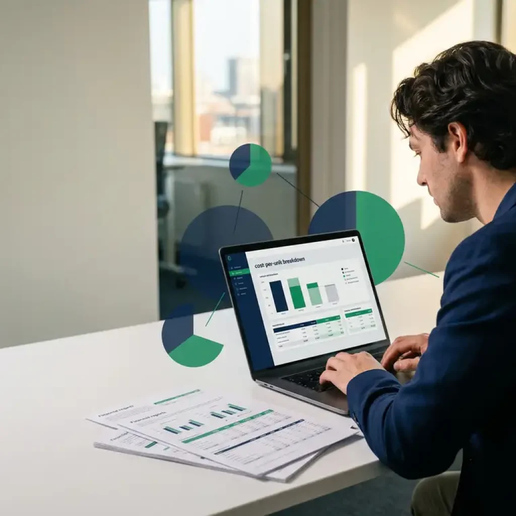 Business analyst reviewing cost-per-unit breakdown on a laptop beside financial data printouts in a modern Utrecht office.