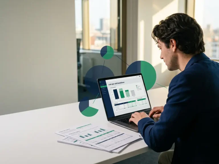 Ein Business-Analyst prüft die Aufschlüsselung der Stückkosten auf einem Laptop neben Ausdrucken mit Finanzdaten in einem modernen Büro in Utrecht.