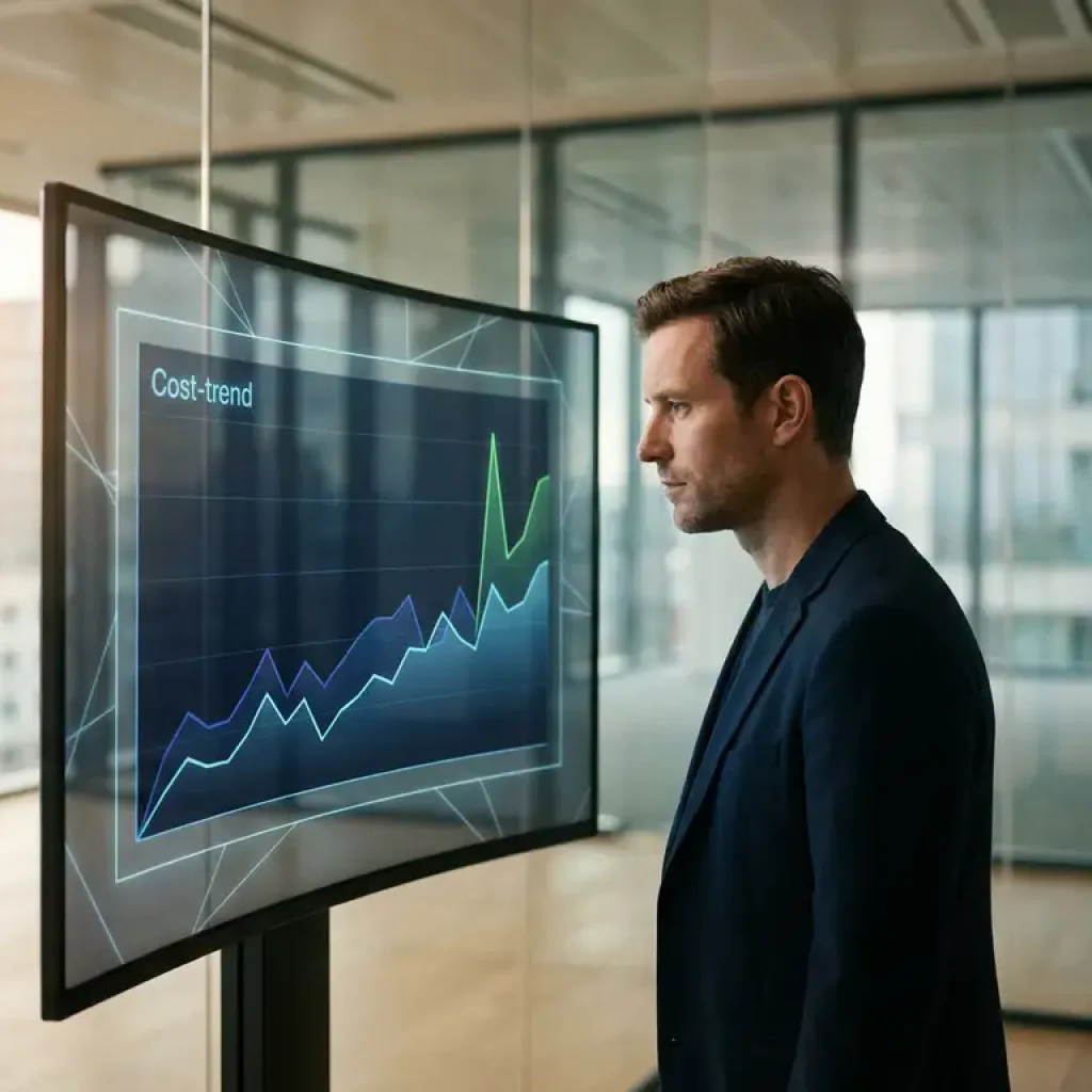 Een zakelijke professional die op een gebogen monitor in een modern kantoor met glazen wanden grafieken met kostentrends analyseert, waarbij een scherpe opwaartse piek te zien is.