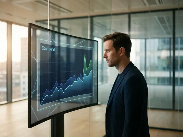 Een zakelijke professional die op een gebogen monitor in een modern kantoor met glazen wanden grafieken met kostentrends analyseert, waarbij een scherpe opwaartse piek te zien is.