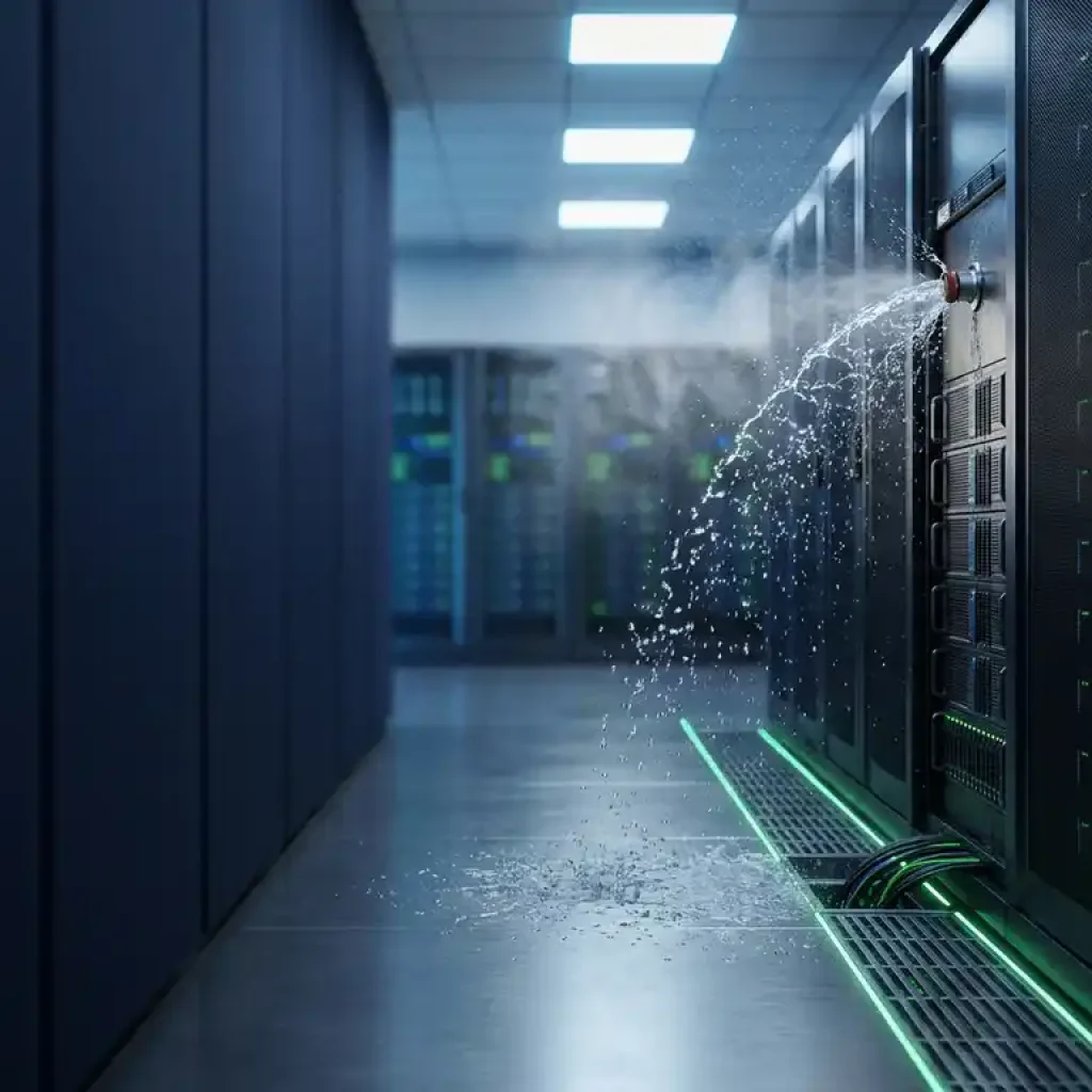Water pipe bursting from a server rack in a modern data centre corridor, droplets cascading amid steel-blue tones and green accent lighting.